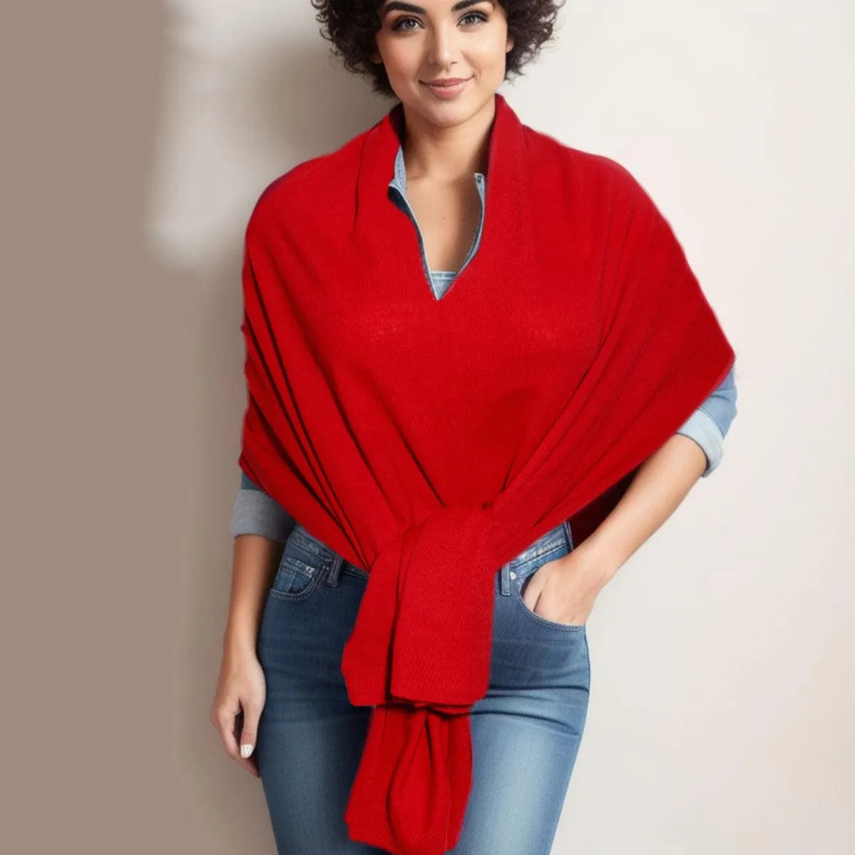 Upgrade your wardrobe with our Chic Red Scarf Poncho Wrap Jewelry Bubble