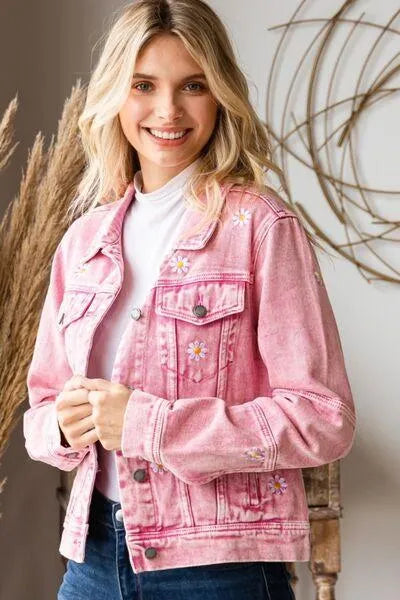 Veveret Daisy Print Button Up Pink Denim Jacket Jewelry Bubble