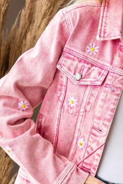 Veveret Daisy Print Button Up Pink Denim Jacket Jewelry Bubble