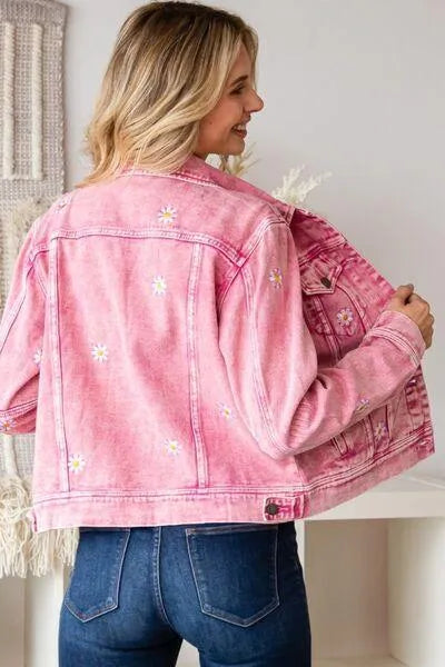 Veveret Daisy Print Button Up Pink Denim Jacket Jewelry Bubble