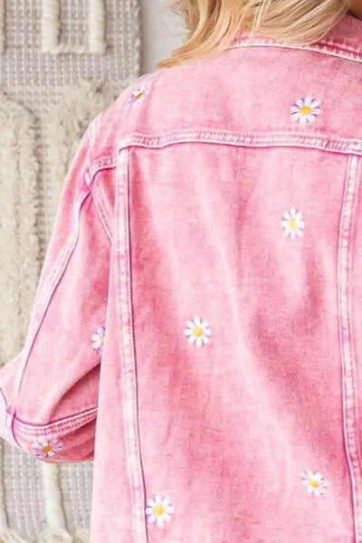 Veveret Daisy Print Button Up Pink Denim Jacket Jewelry Bubble