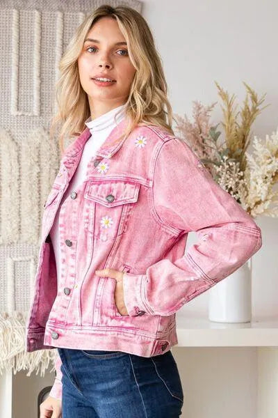 Veveret Daisy Print Button Up Pink Denim Jacket Jewelry Bubble