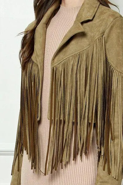 Veveret Olive-green Suede Fringe Long Sleeve Moto Jacket Jewelry Bubble