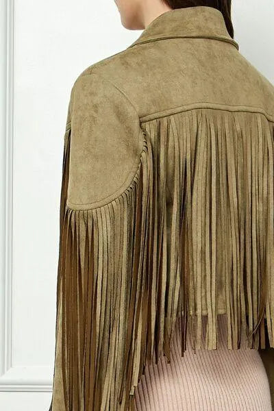 Veveret Olive-green Suede Fringe Long Sleeve Moto Jacket Jewelry Bubble