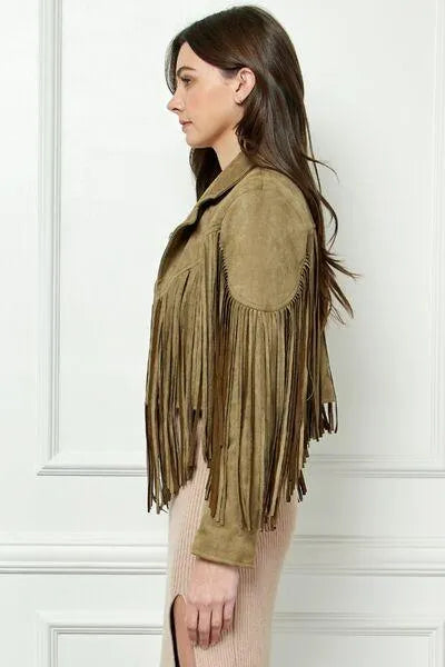 Veveret Olive-green Suede Fringe Long Sleeve Moto Jacket Jewelry Bubble