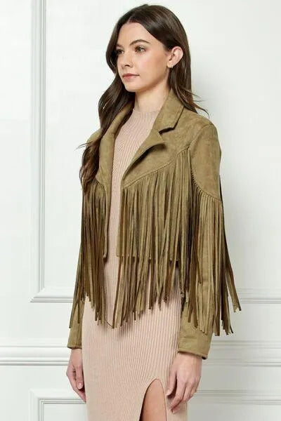 Veveret Olive-green Suede Fringe Long Sleeve Moto Jacket Jewelry Bubble