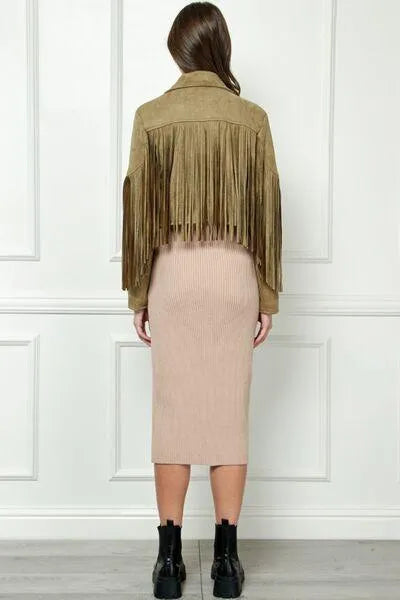 Veveret Olive-green Suede Fringe Long Sleeve Moto Jacket Jewelry Bubble