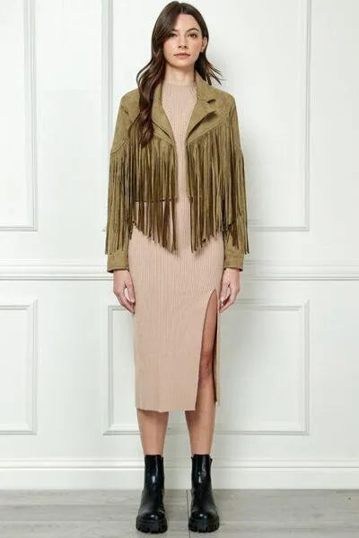 Veveret Olive-green Suede Fringe Long Sleeve Moto Jacket Jewelry Bubble