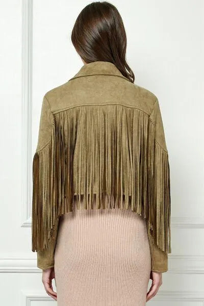 Veveret Olive-green Suede Fringe Long Sleeve Moto Jacket Jewelry Bubble