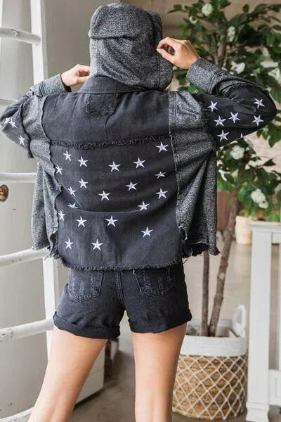 Veveret Star Embroidered Hooded Black Denim Jacket Jewelry Bubble