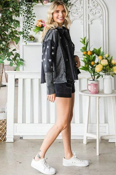 Veveret Star Embroidered Hooded Black Denim Jacket Jewelry Bubble