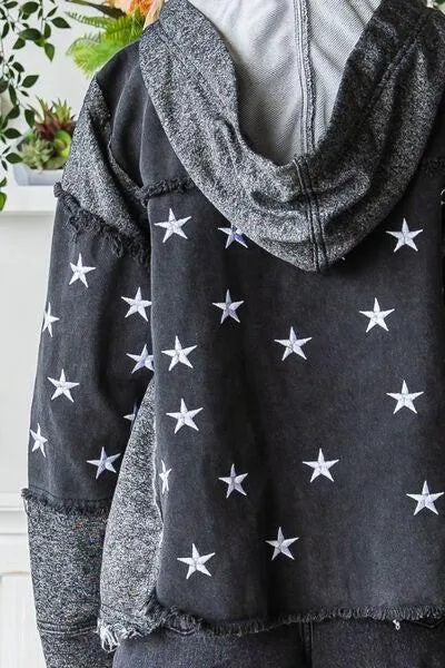 Veveret Star Embroidered Hooded Black Denim Jacket Jewelry Bubble