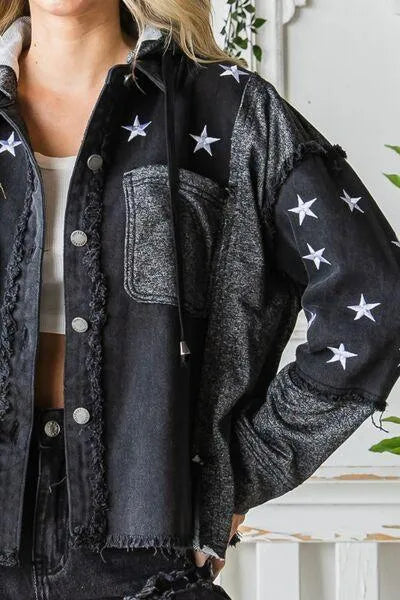 Veveret Star Embroidered Hooded Black Denim Jacket Jewelry Bubble