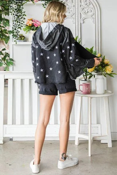 Veveret Star Embroidered Hooded Black Denim Jacket Jewelry Bubble