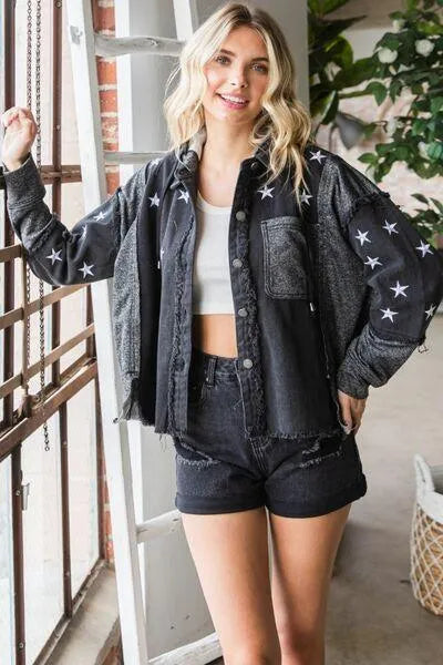 Veveret Star Embroidered Hooded Black Denim Jacket Jewelry Bubble