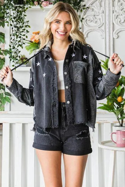 Veveret Star Embroidered Hooded Black Denim Jacket Jewelry Bubble