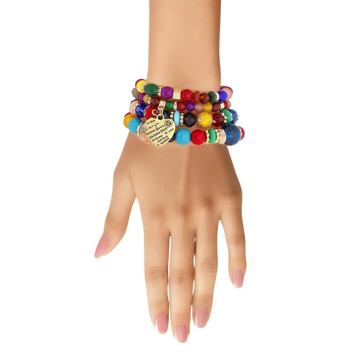 Vibrant Bead Heart Charm Bracelet Set: Color Your Wrist Ladies!