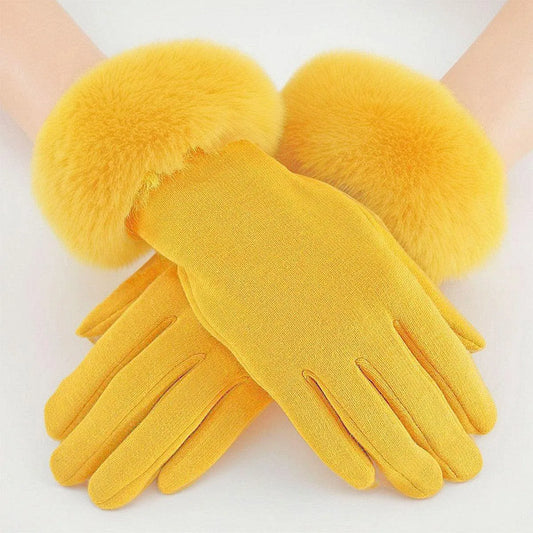 Warm and Stylish: Yellow-gold Women's Gloves with Faux Fur Cuff for Winter Jewelry Bubble