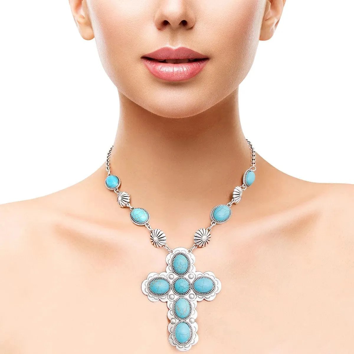 Western Burnished-Tone Chain Necklace: Turquoise Cross Pendant Feature