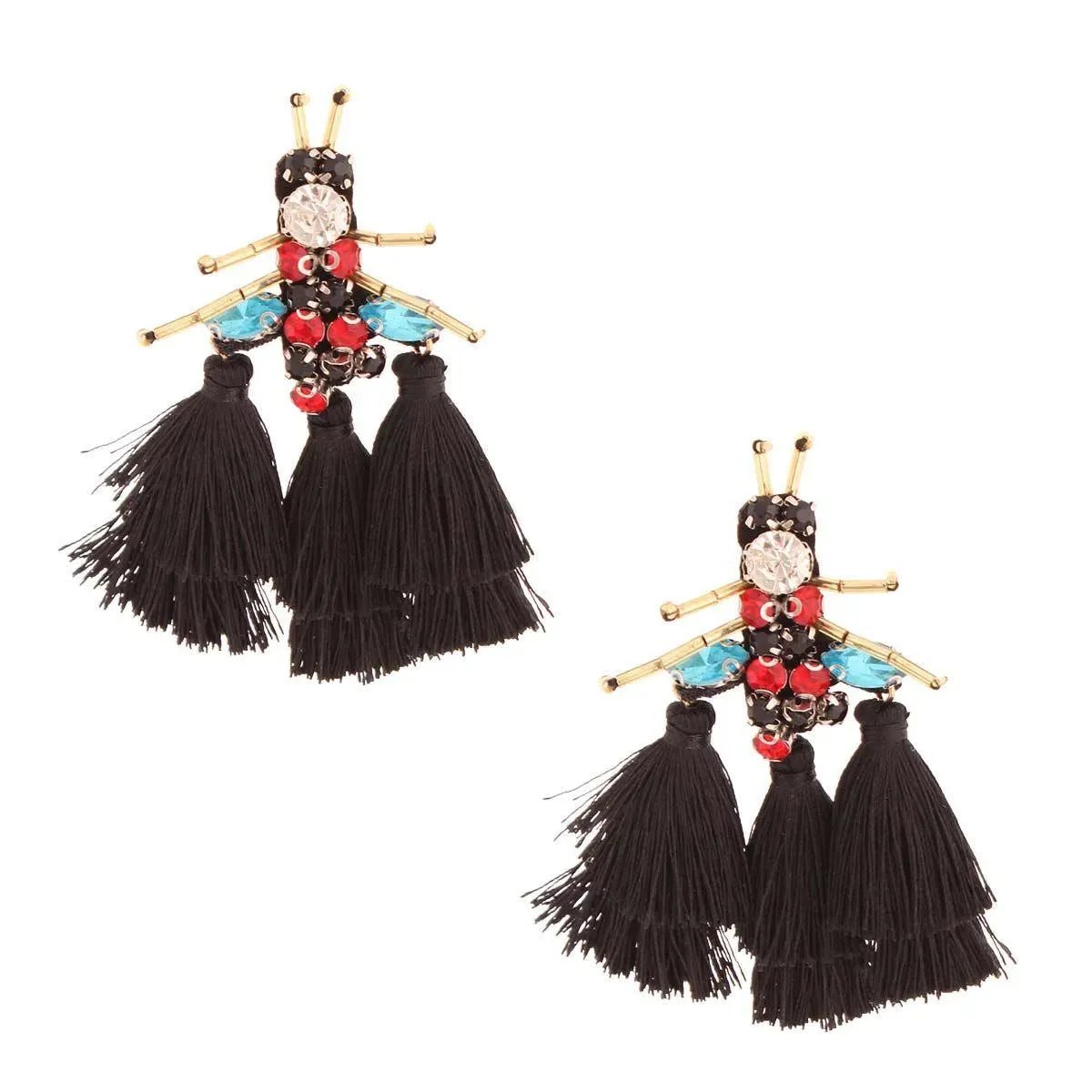 Whimsical Black Tassel Bee Statement Fashion Earrings