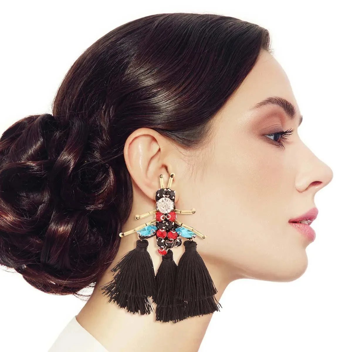 Whimsical Black Tassel Bee Statement Fashion Earrings