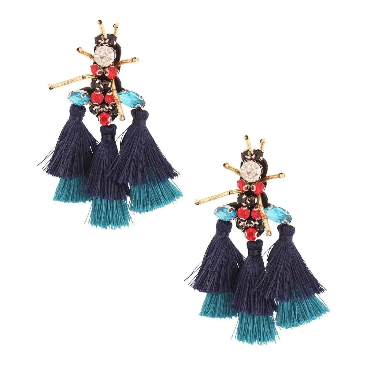 Whimsical Blue Tassel Bee Statement Fashion Earrings
