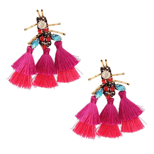 Whimsical Fuchsia Tassel Bee Statement Fashion Earrings Jewelry Bubble