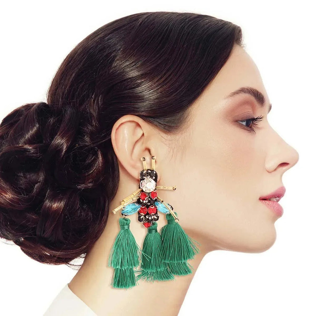 Whimsical Green Tassel Bee Statement Fashion Earrings