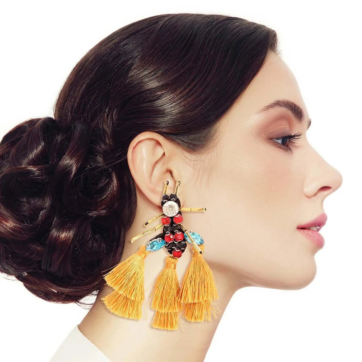Whimsical Yellow Tassel Bee Statement Fashion Earrings Pinktown