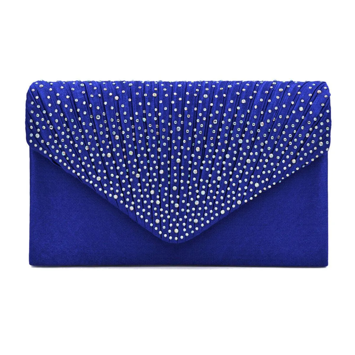 Women's Blue Clutch Bag with Ruched Design and Rhinestone Embellishments Jewelry Bubble