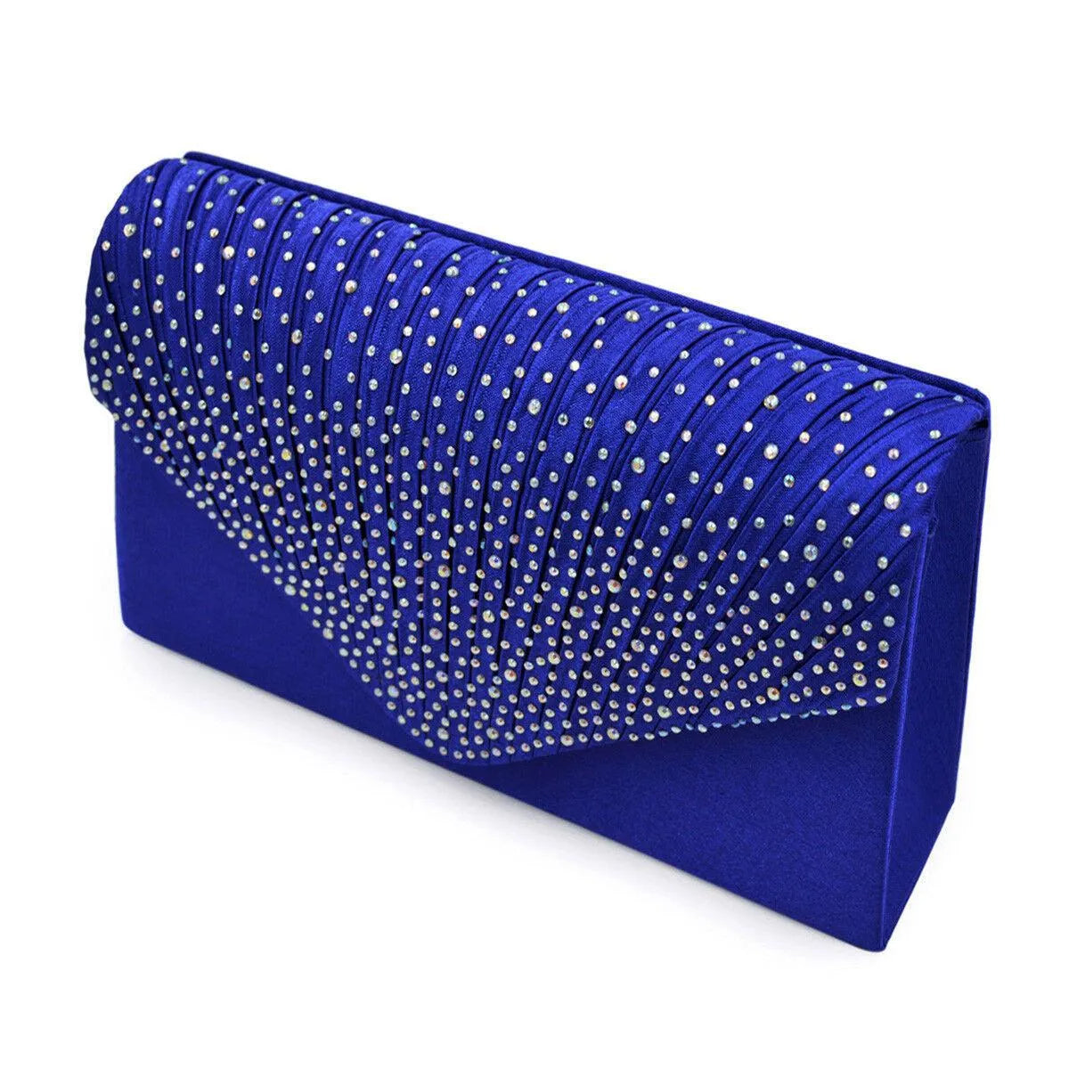 Women's Blue Clutch Bag with Ruched Design and Rhinestone Embellishments Jewelry Bubble