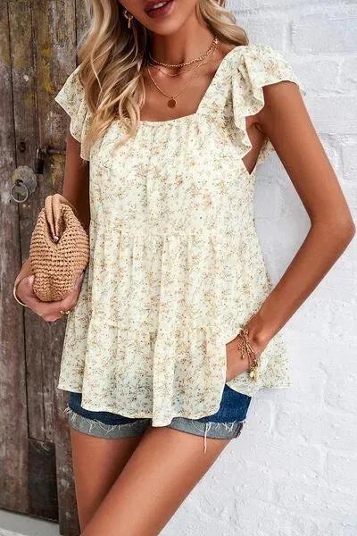 Women's Cap Sleeve Printed Square Neck Top