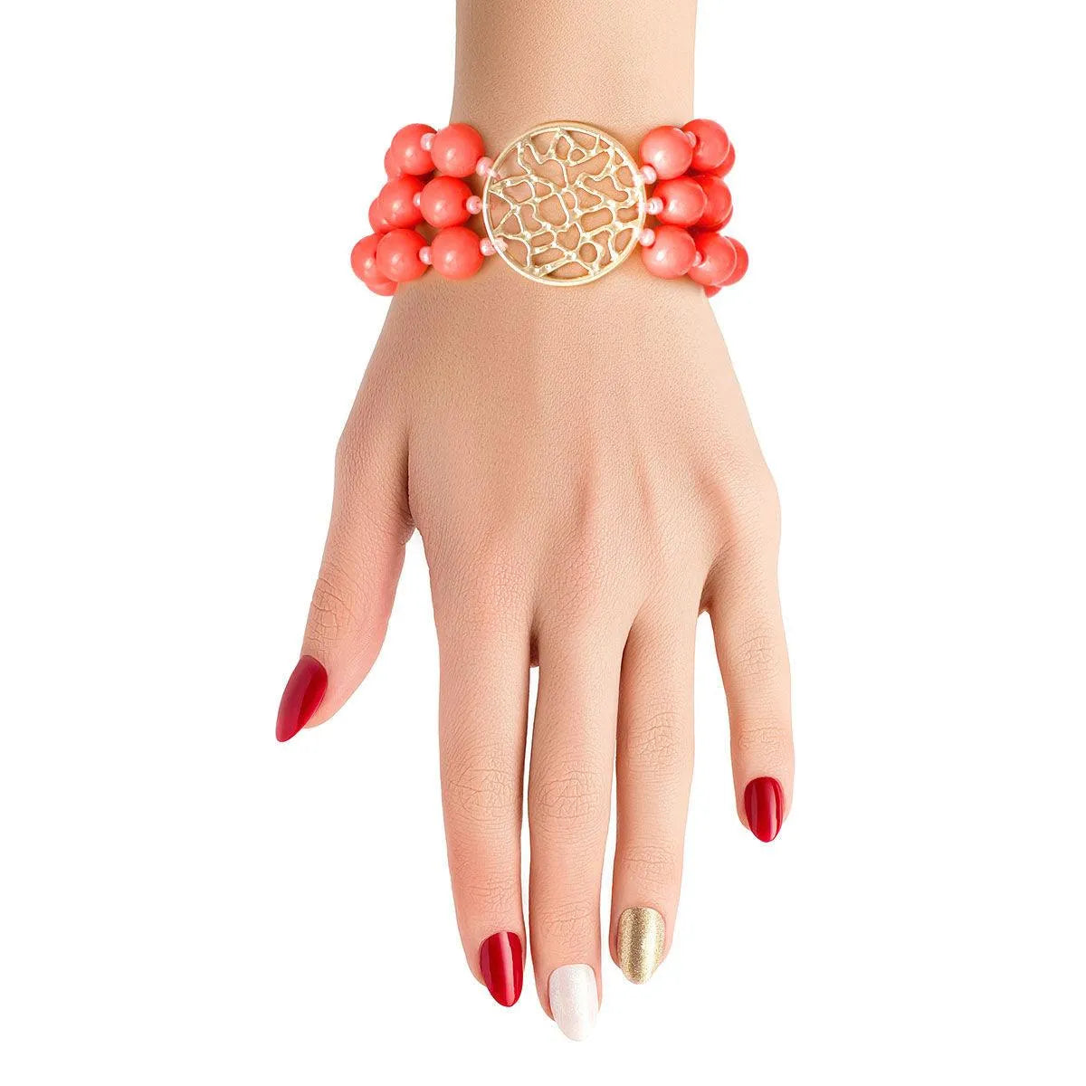 Women's Coral Beaded Bracelet with Gold Medallion: Elevate Your Style Pinktown