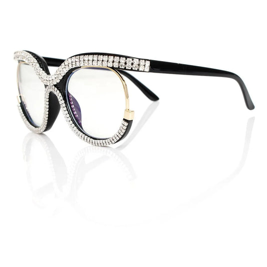 Women's Fashion Black Plastic Eyeglasses with Rhinestones Await Jewelry Bubble