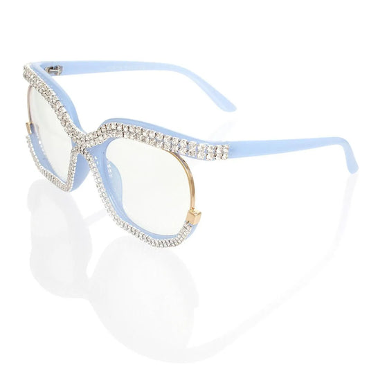 Women's Fashion Blue Plastic Eyeglasses with Rhinestones Await Jewelry Bubble