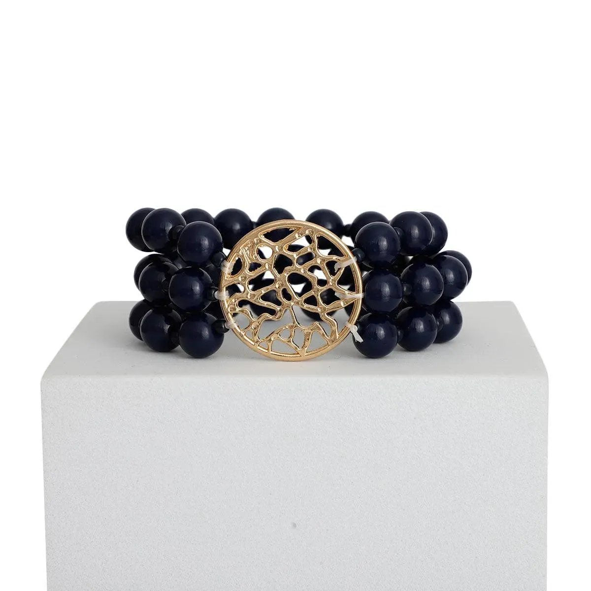 Women's Navy Beaded Bracelet and Gold Medallion: Unleash Your Glamour