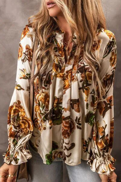 Women's Printed Notched Long Sleeve Blouse: Upgrade Your Wardrobe Jewelry Bubble