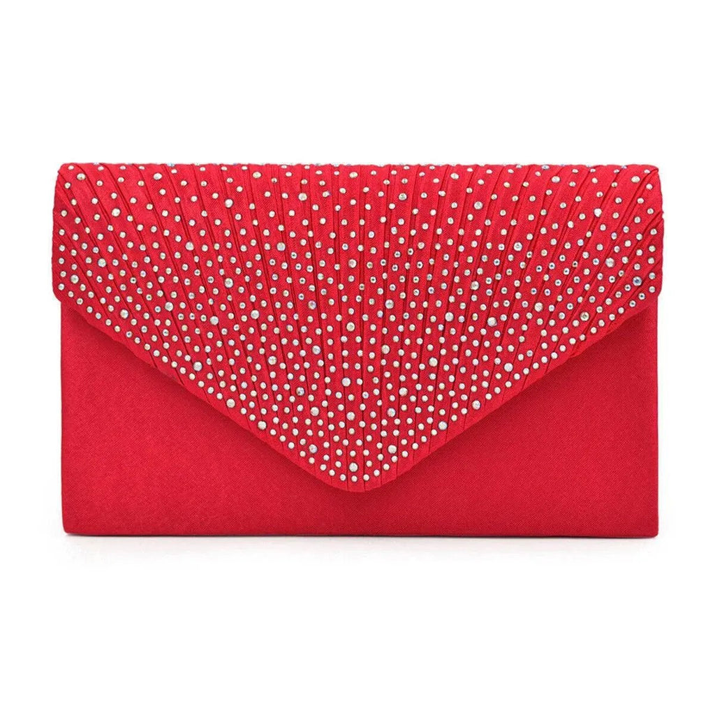 Women's Red Clutch Bag with Ruched Design and Rhinestone Embellishments