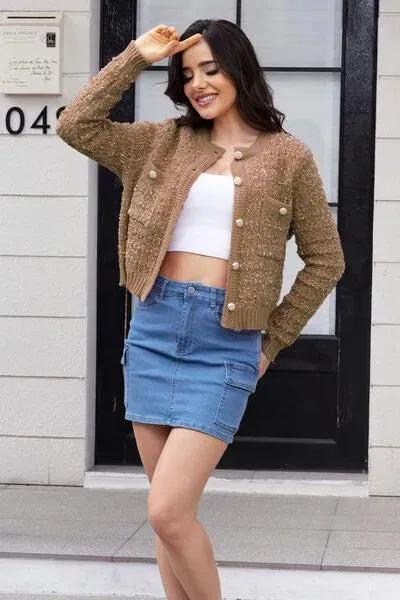 Women's Round Neck Button-Up Cardigan