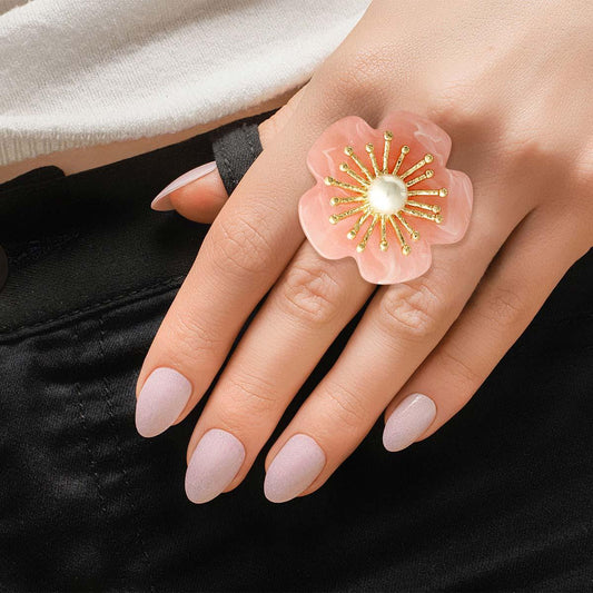 Acrylic Pink Flower Ring with Gold Tone Stretch Band | Fashion Jewelry
