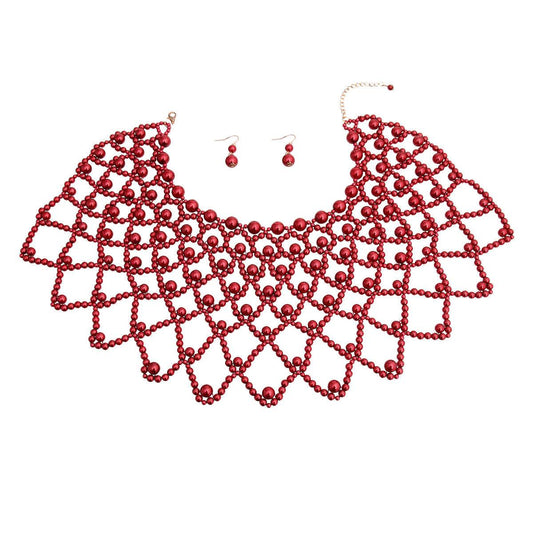 Add Glamour to Your Outfit: Burgundy-red Pearl Necklace Set: Shop Today!