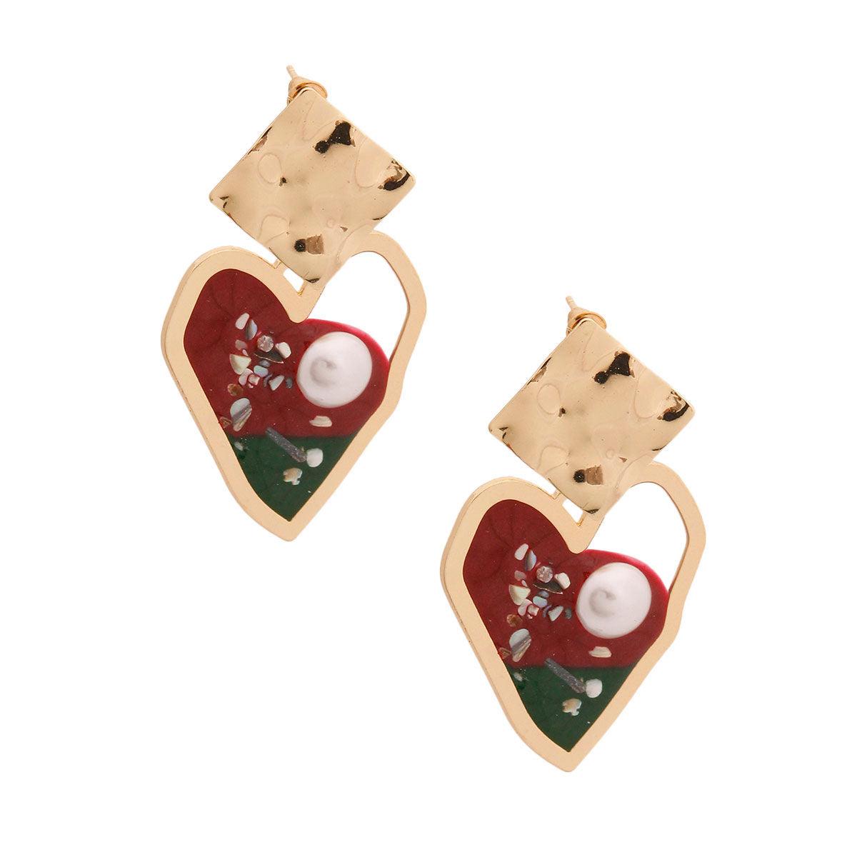 Be Bold and Beautiful: Gold & Crimson Resin Heart Earrings