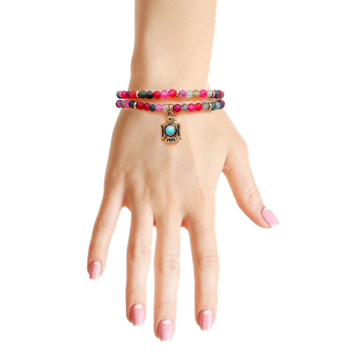 Beaded Wrap Bracelet in Fuchsia Pink with Charm Dangle