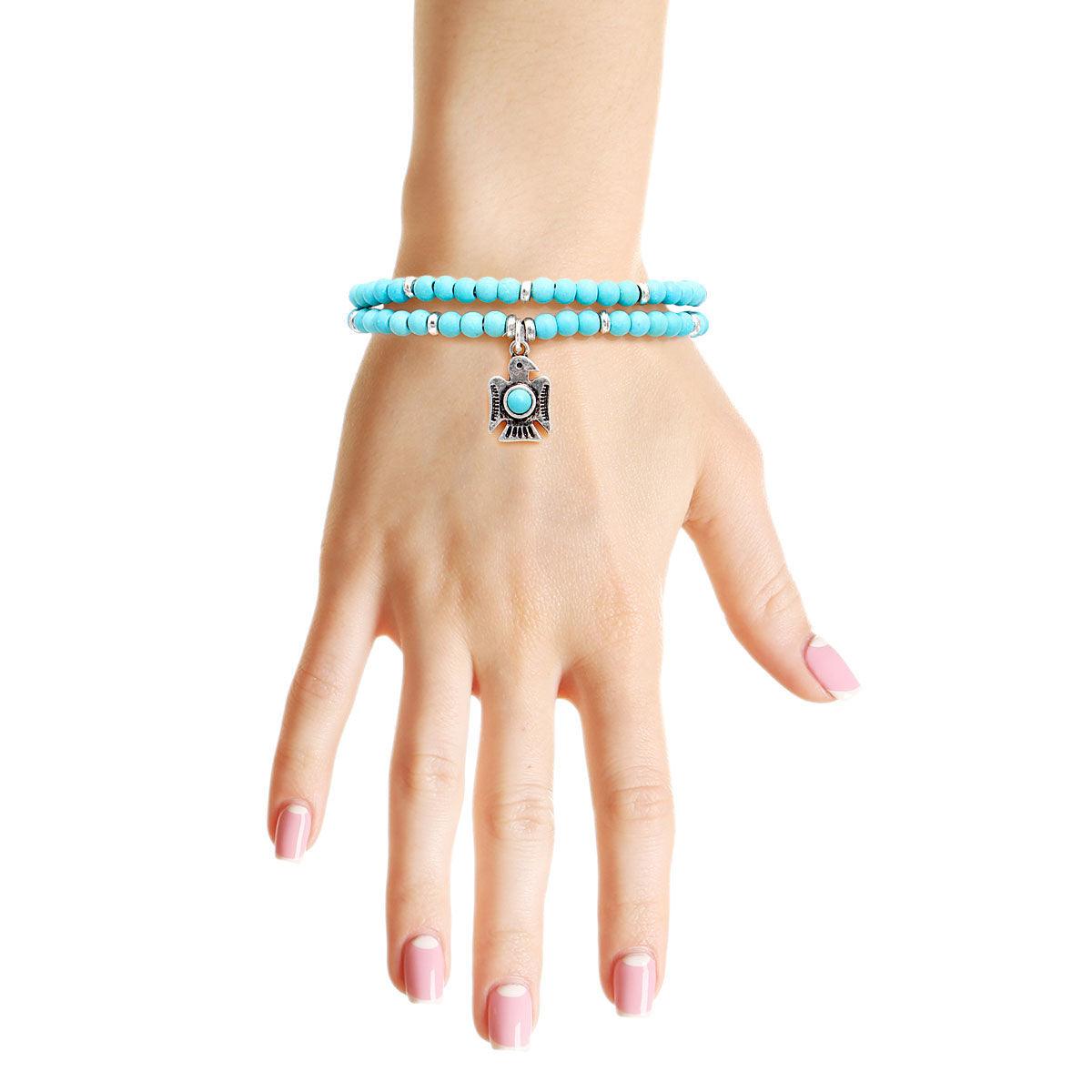 Beaded Wrap Bracelet in Turquoise Color with Charm Dangle
