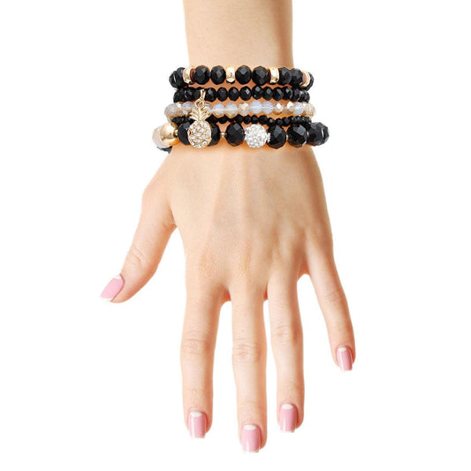 Black and Gold Bead Stretch Bracelet Set with Pineapple Charm