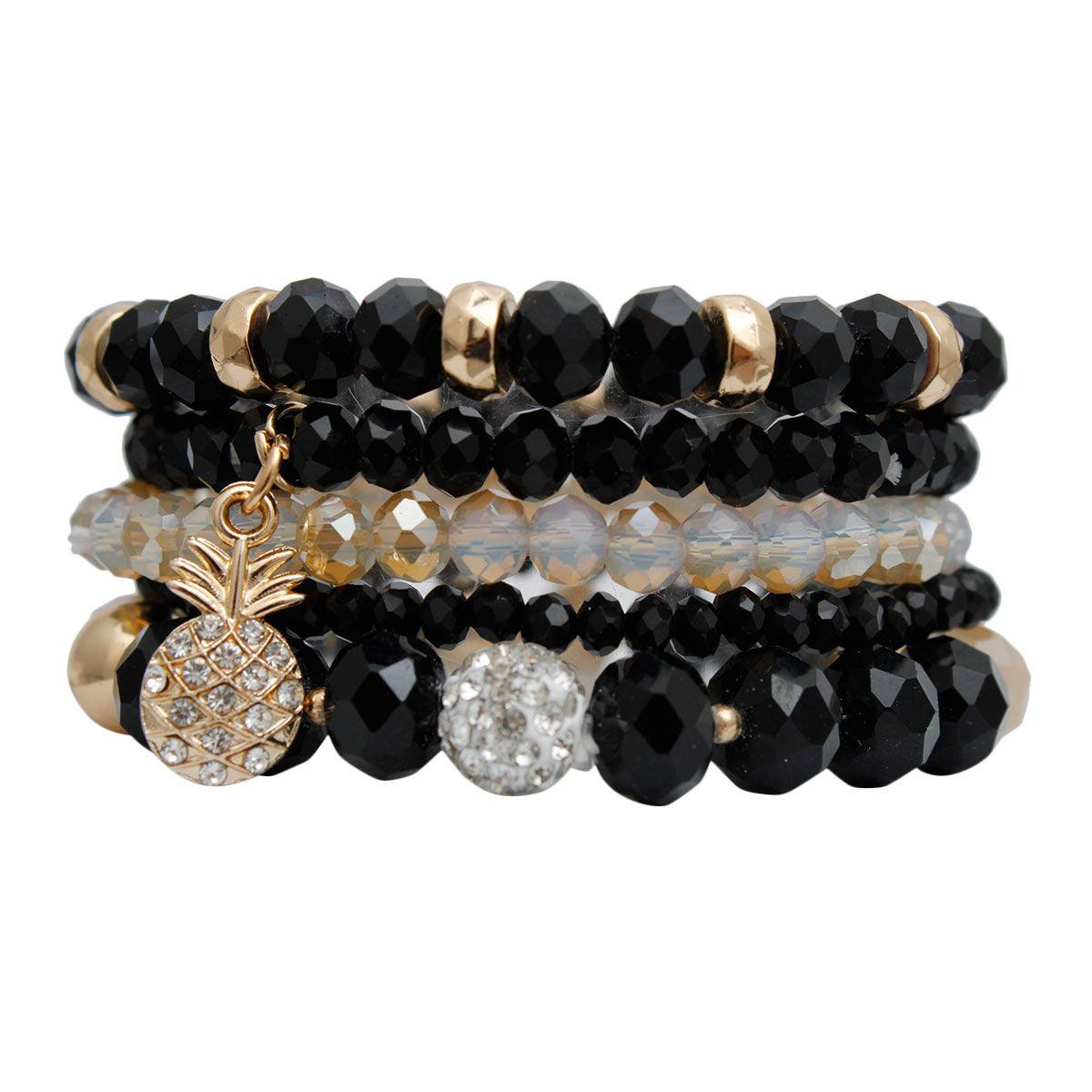 Black and Gold Bead Stretch Bracelet Set with Pineapple Charm