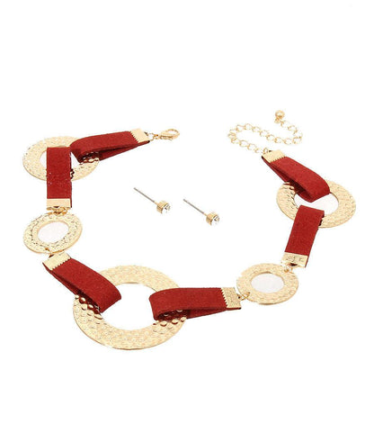 Burgundy Faux Leather Choker Necklace Set with Gold Pendants