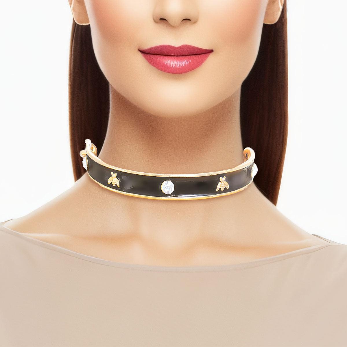 Buzzworthy Black Choker Necklace with Bee and Sparkle: Make a Bold Statement