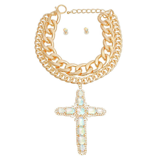Captivate in Gold Tone Chain Necklace: Aurora Borealis Cross Pendant