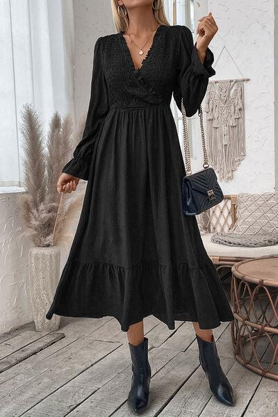 Chic Black Flounce Sleeve Surplice Midi Dress